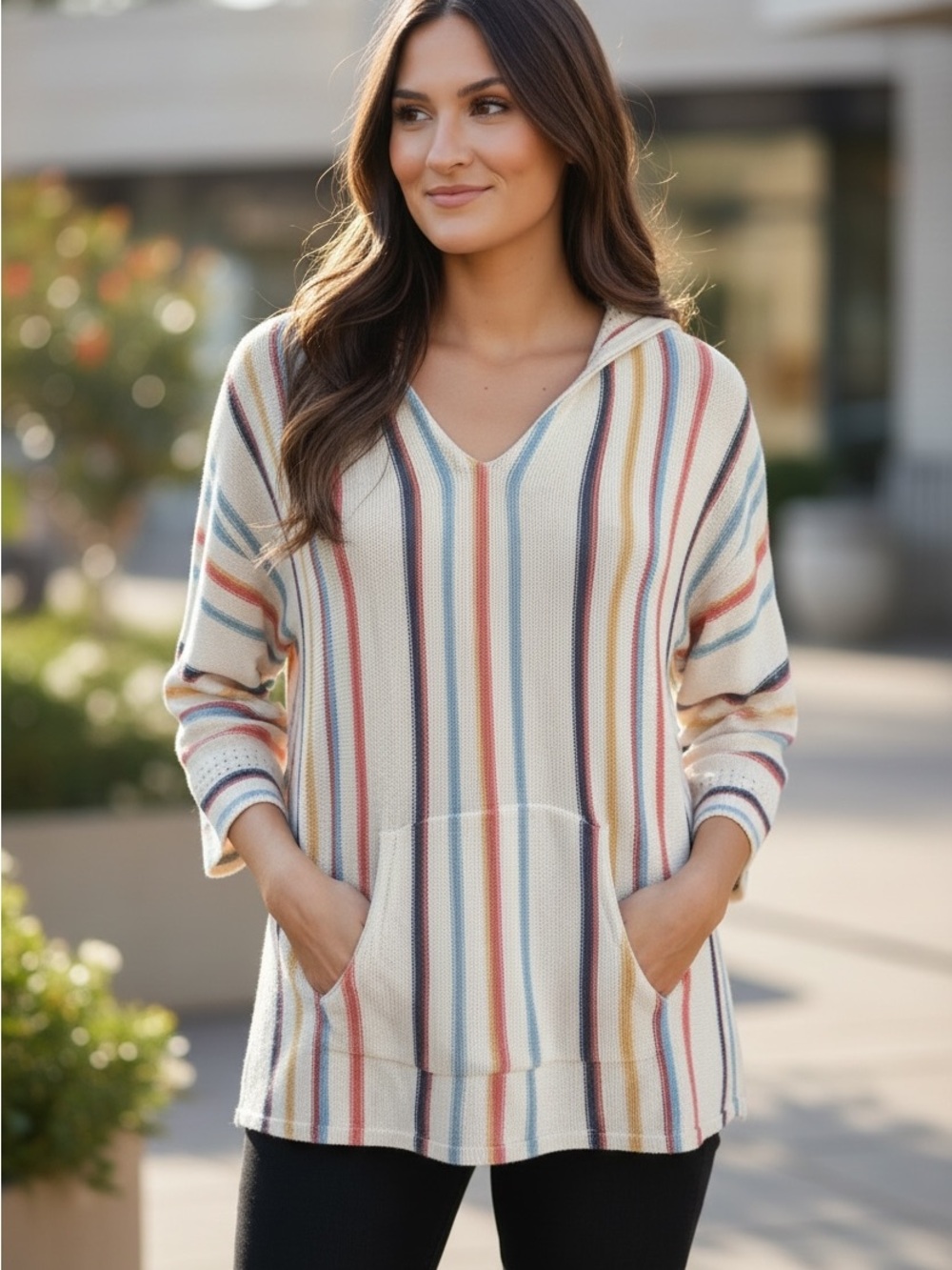 Natural Reflections Multicolor Comfy V-Neck Hoodie with Multicolor Stripes